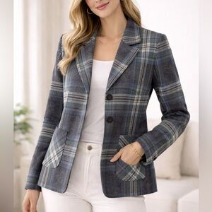 Vintage Paul Levy Plaid Wool Full Zip Blazer Jacket structured shoulders size 4